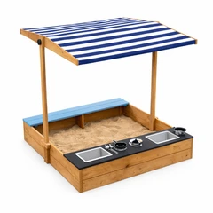 Детски Дървен Пясъчник с Пейка и Подвижен Покрив GINGER HOME – С Кухня и Аксесоари, Играчка за Открито, 110x114x110 см