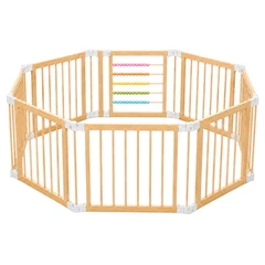 Детска Дървена Кошара за Игра GINGER HOME, 8 Панела, с Вратичка, Бизи Борд и Защитно Заключване, Масивен Новозеландски Бор, 140x140x61 см