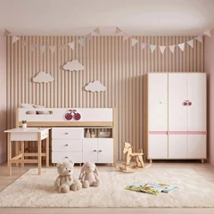 Комплект Детска Стая GINGER HOME CHERRY с Комбинирано Легло 90x200 см, Бюро, Скрин, Шкаф и Трикрилен Гардероб, Бяло, Розово и Натурално Дърво