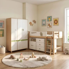 Комплект Мебели за Детска Стая GINGER HOME DINO с Комбинирано Легло 90x200 см, Гардероб, Шкафове, Скрин, Етажерка и Подматрачна Рамка, Бяло, Зелено и Натурално Дърво