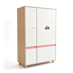 Детски Трикрилен Гардероб GINGER HOME CHERRY, с Рафтове, Лост за Закачалки и 6 Врати, Бяло, Розово и Натурално Дърво, 120х60х180 см
