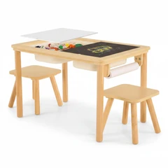 Детска Дървена Масичка за Активна Игра с 2 Столчета GINGER HOME 5 в 1, Дъска за Рисуване, Ролка Хартия и Кутии за Съхранение, 73x50x53.6 см
