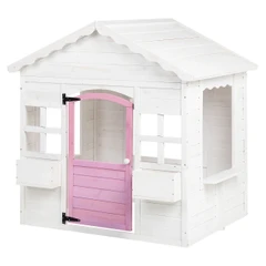 Детска Дървена Къщичка за Игра на Открито GINGER HOME с Прозорци и Саксии за Цветя – За Двор и Градина, Бяла, 123×106×125 см