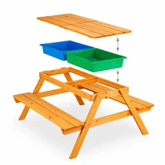 Детска Дървена Маса с Пейки и Пясъчник GINGER HOME, Повдигащ се Плот, 2 Кутии за Съхранение, 90x86x50 См
