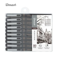 Комплект тънкописци Deli DMAST EC393, метален връх дебелина от 0.15 до 0.55 мм + четка, 10 бр.