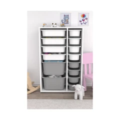 Шкаф за Играчки Rine, Етажерка за Съхранение с 14 Кутии, Бял/Сив