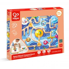Дървен комплект за игра 2 в 1, Hape, Космически лабиринт и дъска танграм, 15 части
