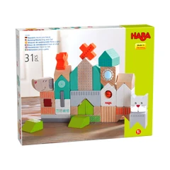 Дървени кубчета строител 31 части (18мес+), Куче и котка, Haba 306086