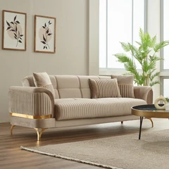 Триместен разтегателен диван Педро, Бежов, Кадифе, 240/90/80см