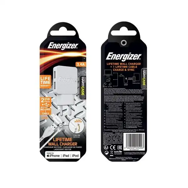 ENERGIZER WALL CHARGER 2USB 3.4A LIGHTNING CABEL