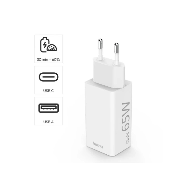 HAMA 201643 БЪРЗО МИНИ GAN ЗАРЯДНО 220V 65W  QC WH