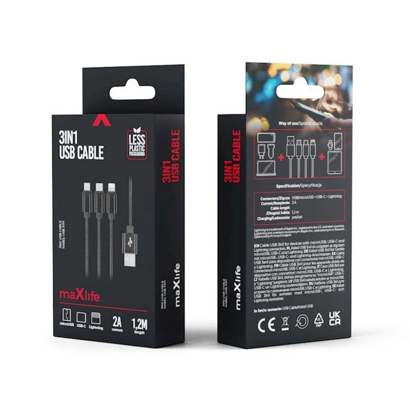 MAXLIFE КАБЕЛ 3В1 MICRO USB USB TYPE-C LIGHTNING 2A ЧЕРЕН