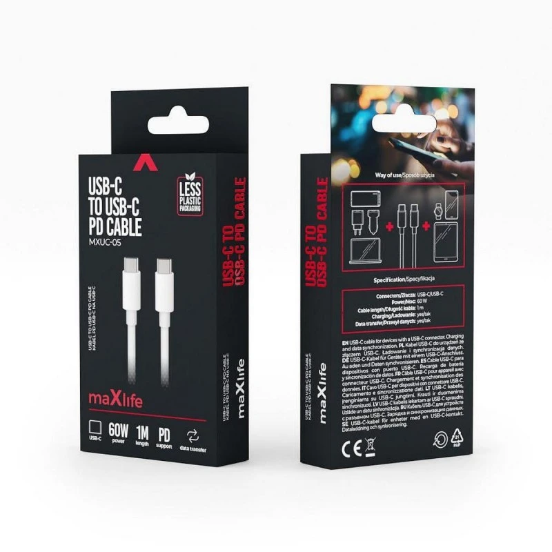 MAXLIFE КАБЕЛ USB TYPE-C USB TYPE-C 60W 1М БЯЛ