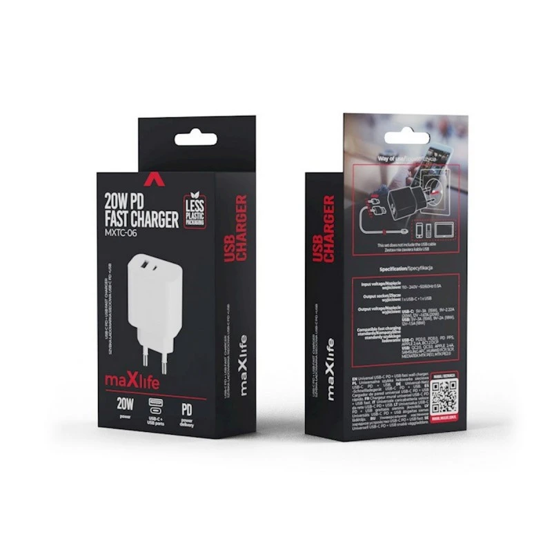 MAXLIFE ЗАРЯДНО USB TYPE-A USB TYPE-C PD 220V 20W БЯЛО
