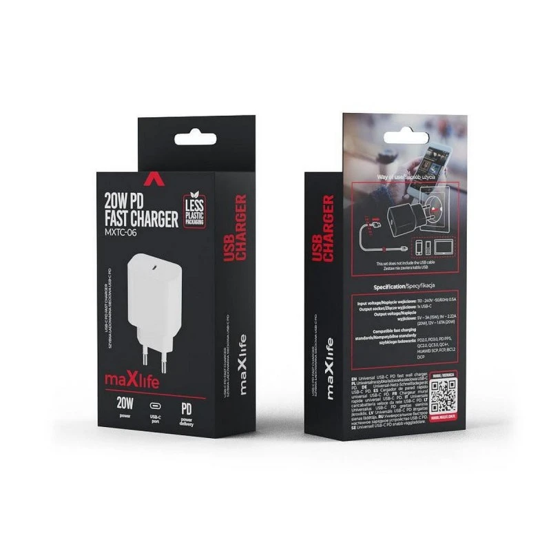 MAXLIFE ЗАРЯДНО USB TYPE-C PD 220V 20W БЯЛО
