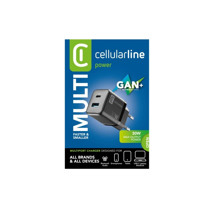 CELLULAR LINE ЗАРЯДНО 220V PD GAN USB USB-C 30W ЧЕРНО