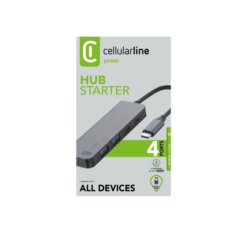 CELLULAR LINE HUB STARTER USB-C 4 ПОРТА 100W СИВ