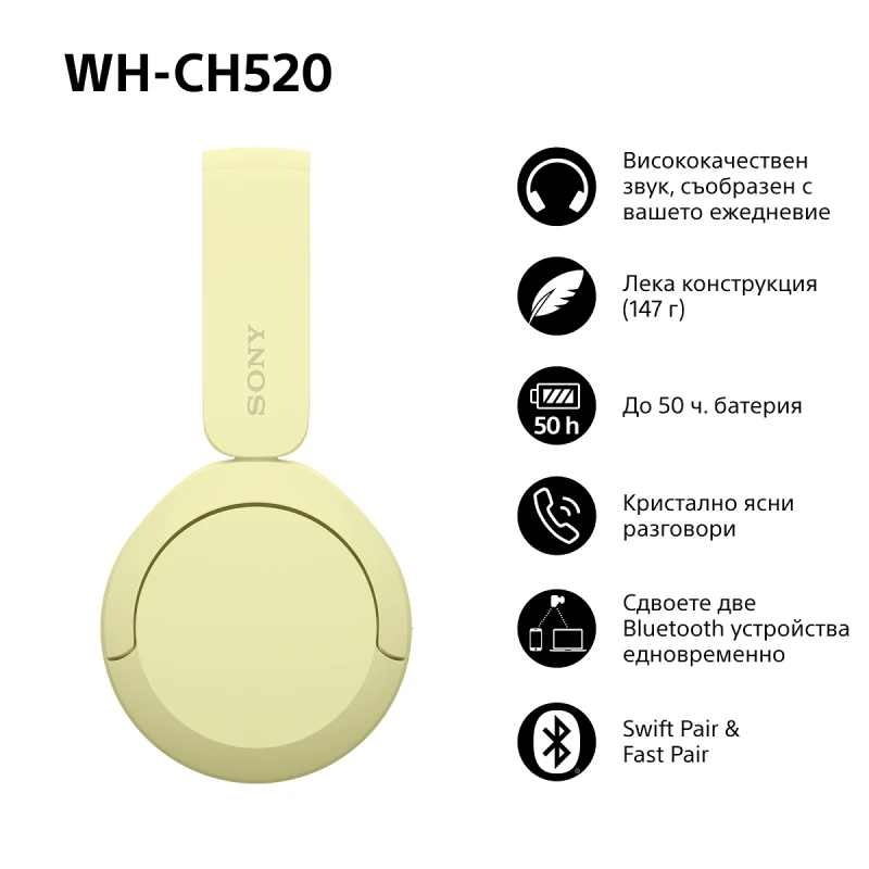SONY WH-CH520Y WIRELESS BLUETOOTH HEADPHONES YELLOW