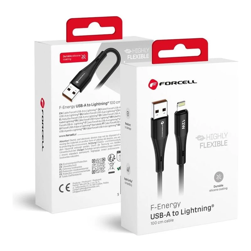 FORCELL КАБЕЛ USB-А КЪМ LIGHTENING 12W СИЛИКОН 1М ЧЕРЕН