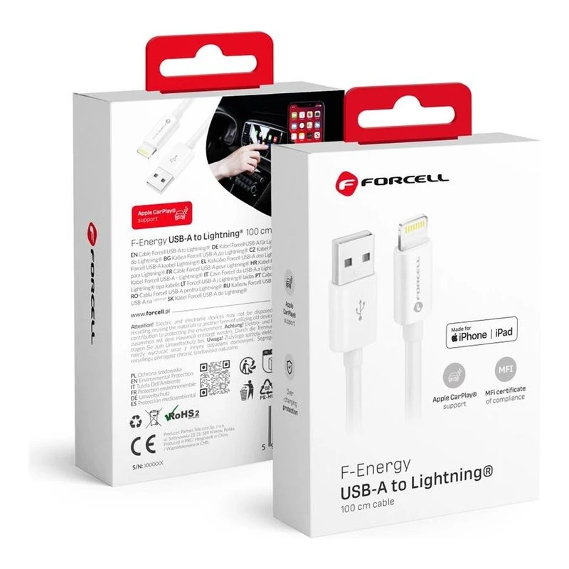 FORCELL КАБЕЛ USB-А КЪМ LIGHTENING MFI 12W СИЛИКОН 1М БЯЛ