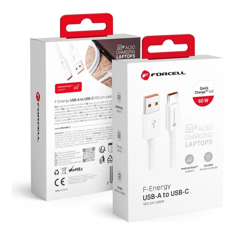 FORCELL КАБЕЛ USB-А КЪМ USB-C QC4.0 66W 1M БЯЛ
