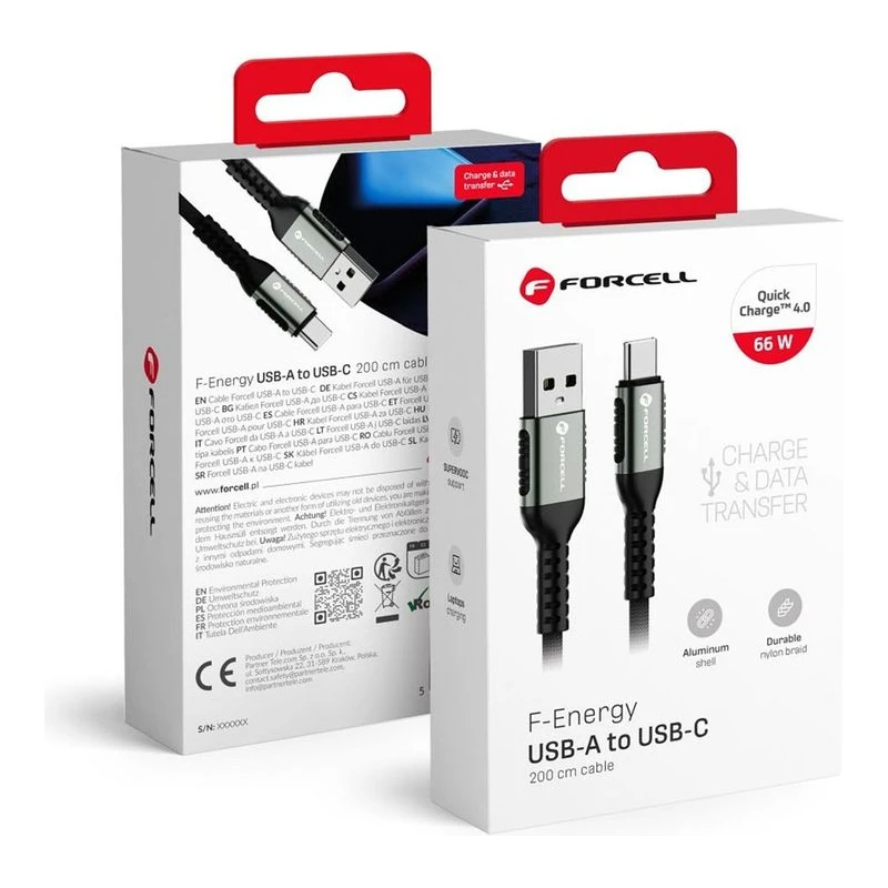 FORCELL КАБЕЛ USB-A КЪМ USB-C QC4.0 66W CAFULE 2M ЧЕРЕН