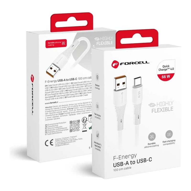 FORCELL КАБЕЛ USB-A КЪМ USB-C QC4.0 66W СИЛИКОН 1M БЯЛ