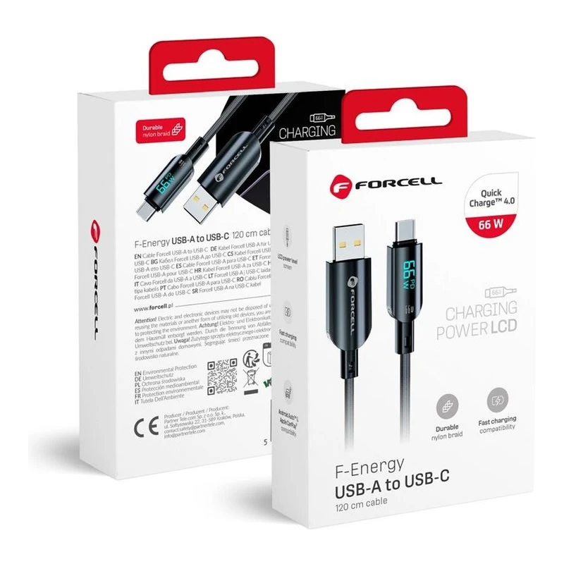 FORCELL КАБЕЛ USB-A КЪМ USB-C QC4.0 66W ДИГИТАЛ 1,2M ЧЕРЕН