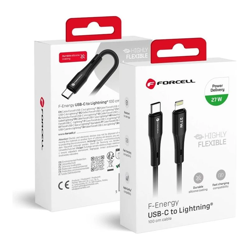 FORCELL КАБЕЛ USB-C КЪМ LIGHTENING PD 27W 1М ЧЕРЕН