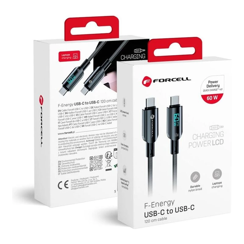 FORCELL КАБЕЛ USB-C КЪМ USB-C QC4.0 60W ДИГИТАЛ 1,2М ЧЕРЕН