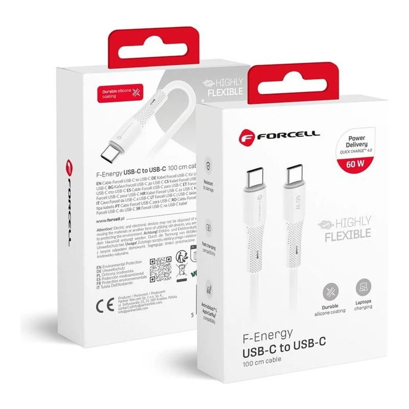 FORCELL КАБЕЛ USB-C КЪМ USB-C QC4.0 PD 60W СИЛИКОН 1М БЯЛ