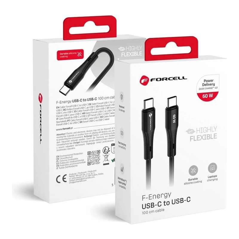 FORCELL КАБЕЛ USB-C КЪМ USB-C QC4.0 PD 60W СИЛИКОН 1М ЧЕРЕН
