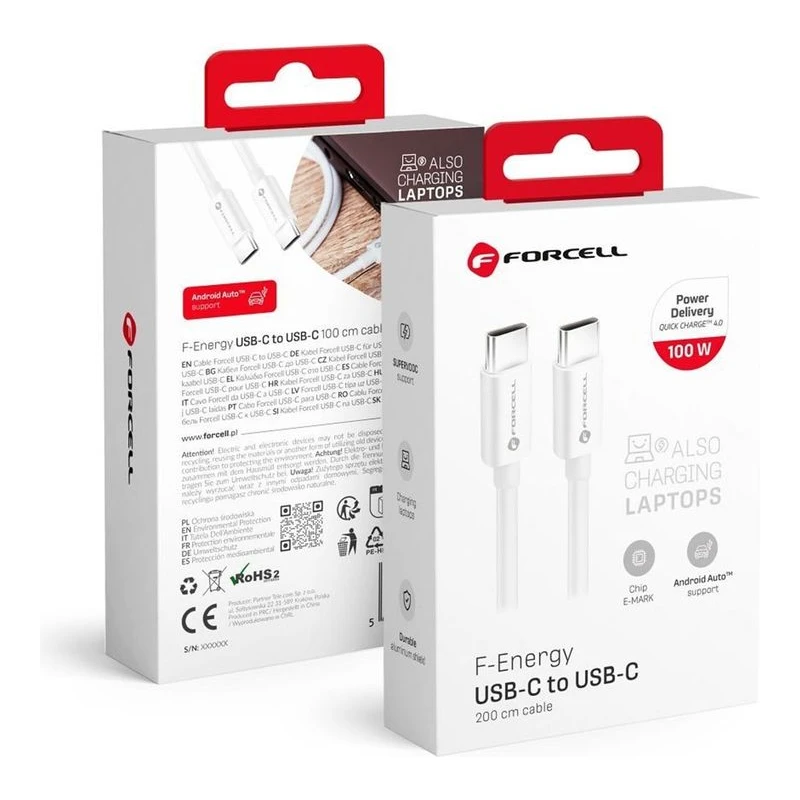 FORCELL КАБЕЛ USB-C КЪМ USB-C PD QC4.0 100W 2М БЯЛ