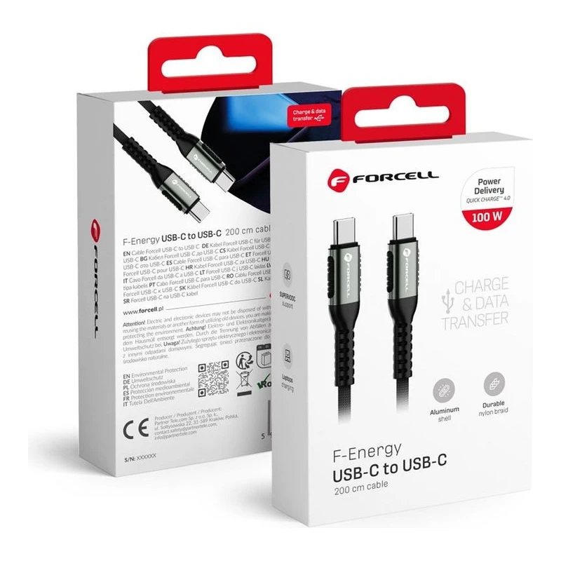 FORCELL КАБЕЛ USB-C КЪМ USB-C PD QC4.0 100W 2М ЧЕРЕН