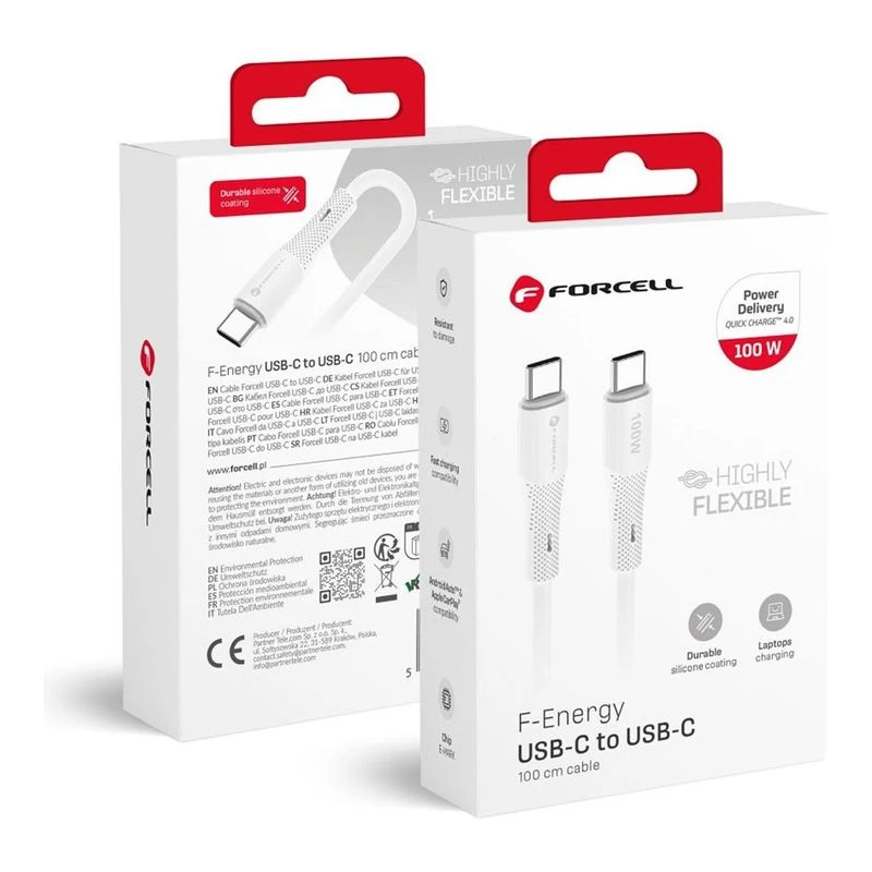 FORCELL КАБЕЛ USB-C КЪМ USB-C QC4.0 PD 100W СИЛИКОН 1М БЯЛ