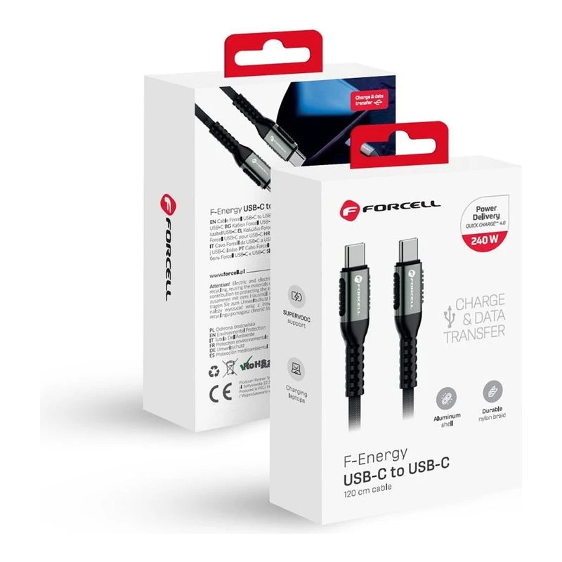 FORCELL КАБЕЛ USB-C КЪМ USB-C PD QC4.0 240W 1,2М ЧЕРЕН