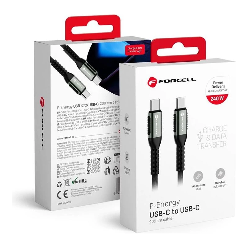 FORCELL КАБЕЛ USB-C КЪМ USB-C PD QC4.0 240W 2М ЧЕРЕН