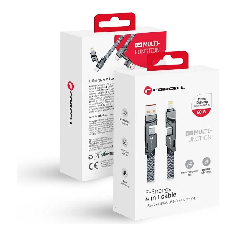 FORCELL КАБЕЛ 4 В 1 USB-C/USB-A КЪМ USB-C/LIGHTENING 60W 1M