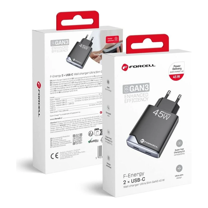 FORCELL ЗАРЯДНО 220V GAN 3 ULTRA SLIM 2XUSB-C QC 45W