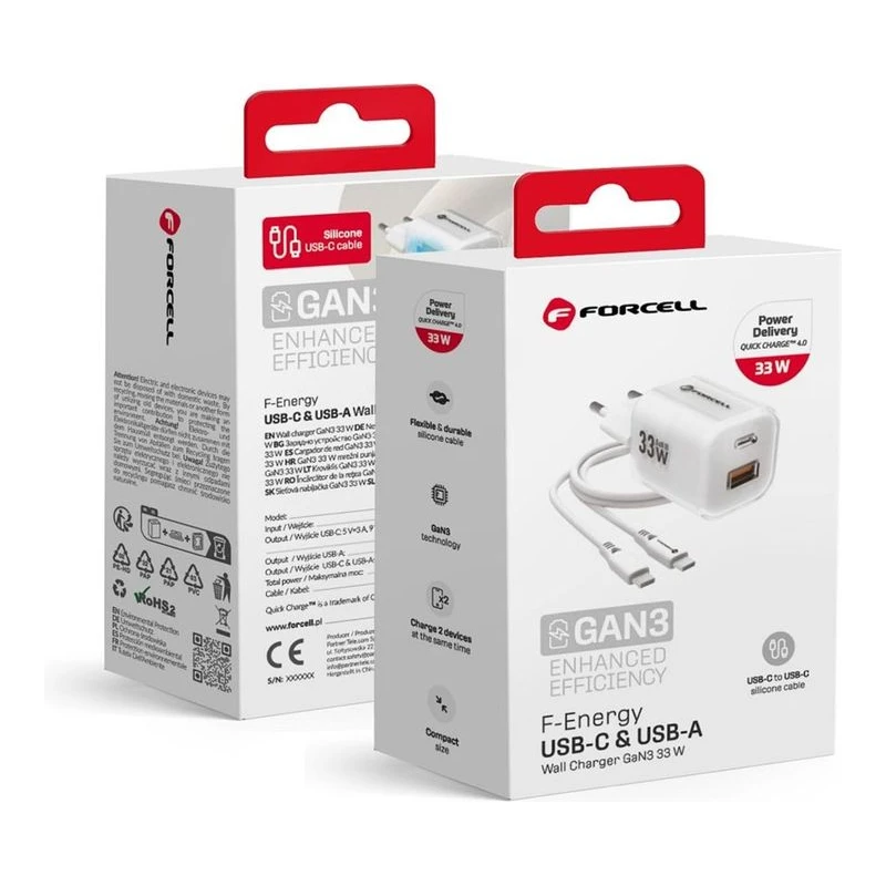 FORCELL ЗАРЯДНО 220V GAN 3 USB-C+USB-A QC 33W С КАБЕЛ