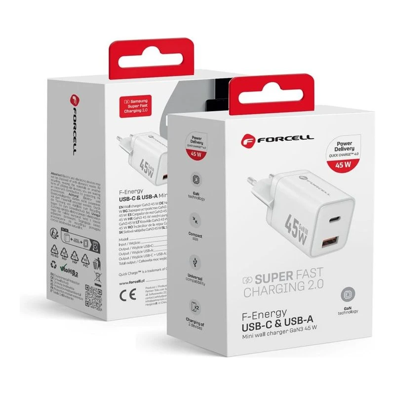 FORCELL ЗАРЯДНО МИНИ 220V GAN 3 USB-C+USB-A QC 45W БЯЛ