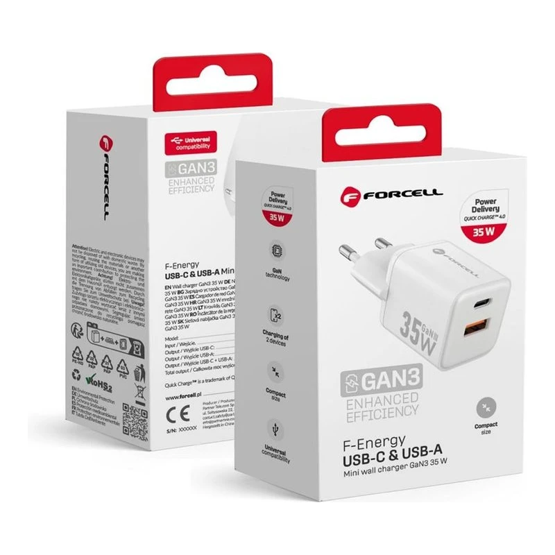 FORCELL ЗАРЯДНО МИНИ 220V GAN 3 USB-C+USB-A QC 35W БЯЛ
