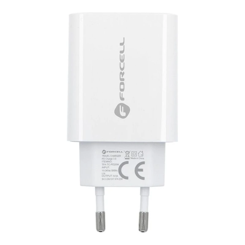 FORCELL ЗАРЯДНО 220V PD USB-C+КАБЕЛ USB-C/LIGHTENING 20W