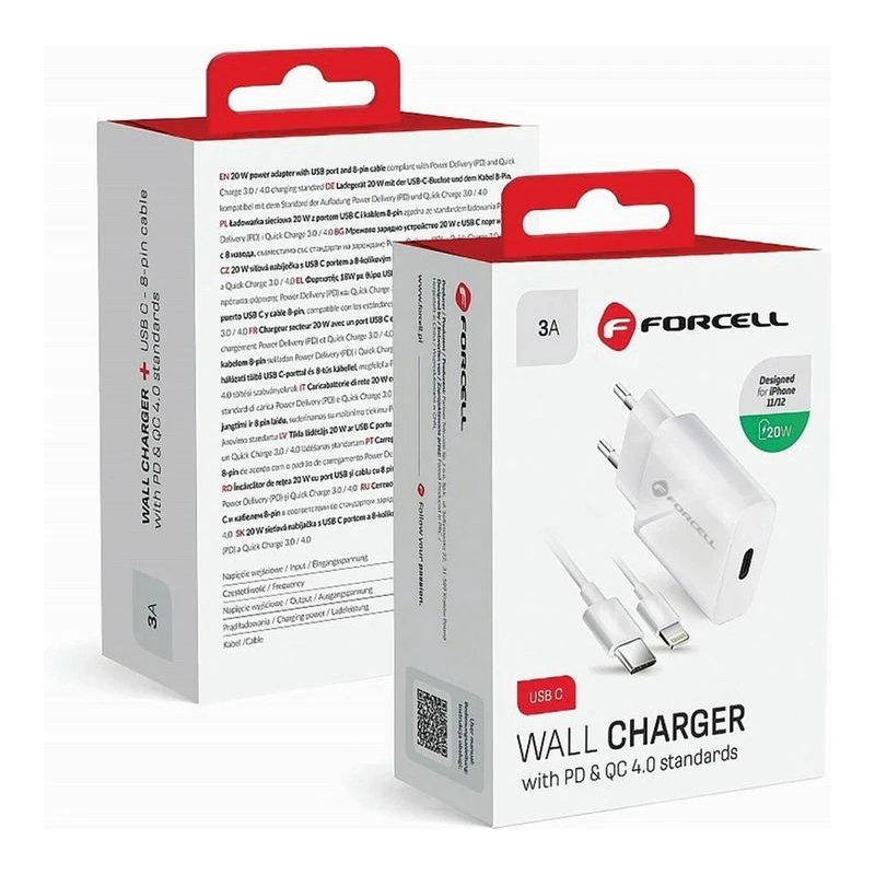 FORCELL ЗАРЯДНО 220V PD USB-C+КАБЕЛ USB-C/LIGHTENING 20W