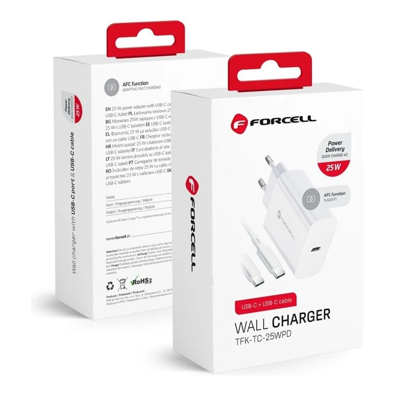 FORCELL ЗАРЯДНО 220V PD USB-C+КАБЕЛ USB-C/USB-C 25W