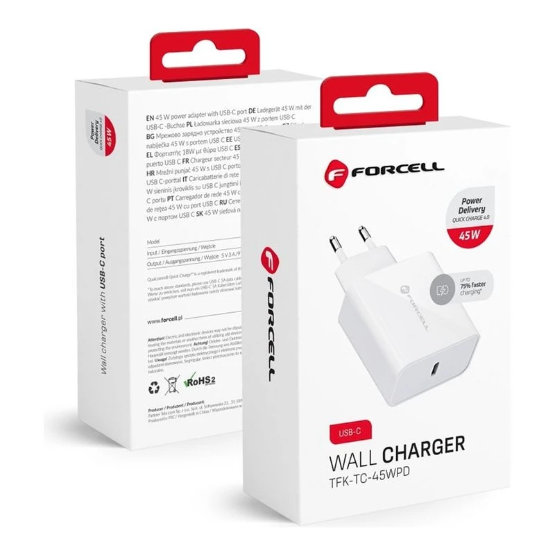 FORCELL ЗАРЯДНО 220V USB-C PD QC4.0 45W БЯЛ