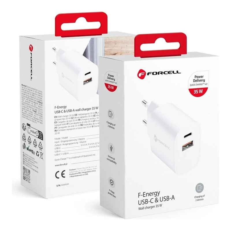 FORCELL ЗАРЯДНО 220V USB-C + USB-A PD QC4.0 35W БЯЛ