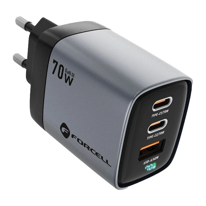 FORCELL ЗАРЯДНО 220V GAN3 2XUSB C+USB A QC4.0 70W ДИСПЛЕЙ