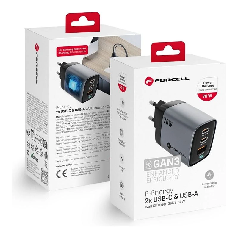 FORCELL ЗАРЯДНО 220V GAN3 2XUSB C+USB A QC4.0 70W ДИСПЛЕЙ