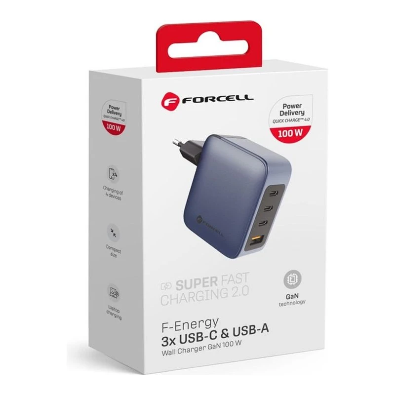 FORCELL ЗАРЯДНО 220V GAN 3XUSB C+USB A QC4.0 100W